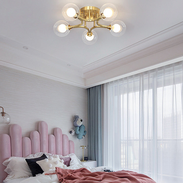 Sphere Bedroom Semi Flush Mount Light Glass Nordic Style Ceiling Light in Gold