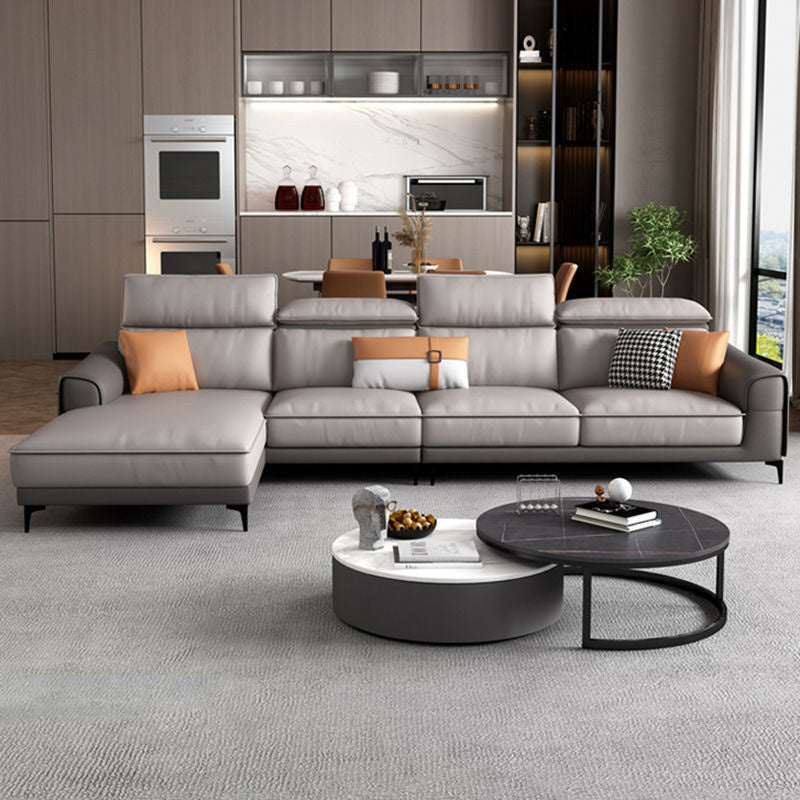 Faux Leather Square Arm Sectionals, 137" L Sectional Grey With Cushions Metal Legs