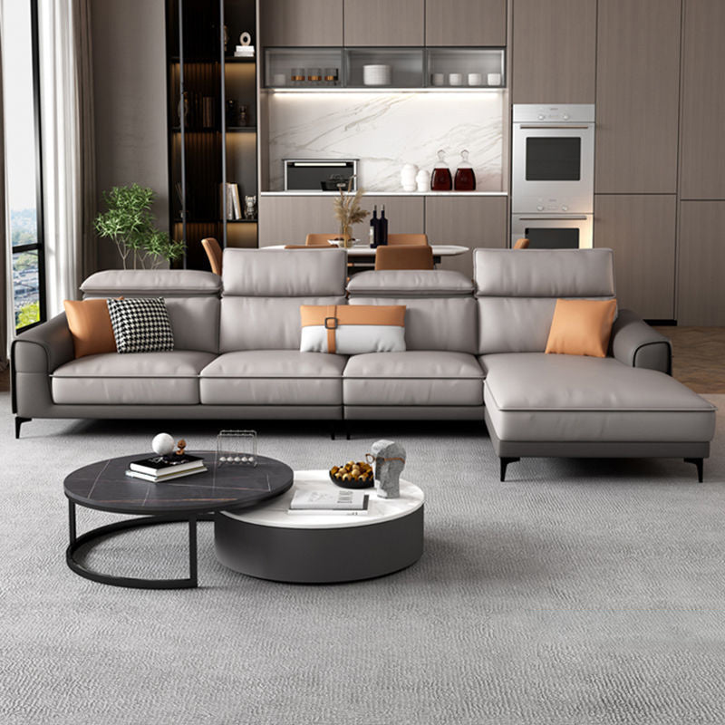 Faux Leather Square Arm Sectionals, 137" L Sectional Grey With Cushions Metal Legs