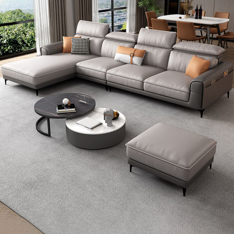 Faux Leather Square Arm Sectionals, 137" L Sectional Grey With Cushions Metal Legs