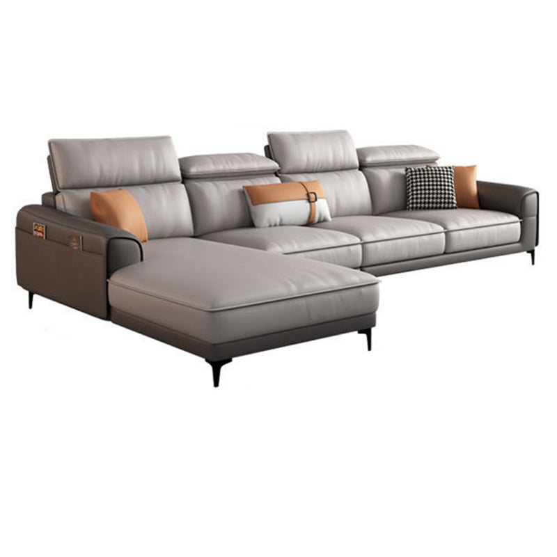 Faux Leather Square Arm Sectionals, 137" L Sectional Grey With Cushions Metal Legs