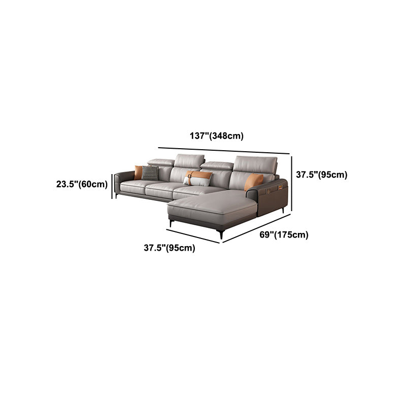 Faux Leather Square Arm Sectionals, 137" L Sectional Grey With Cushions Metal Legs