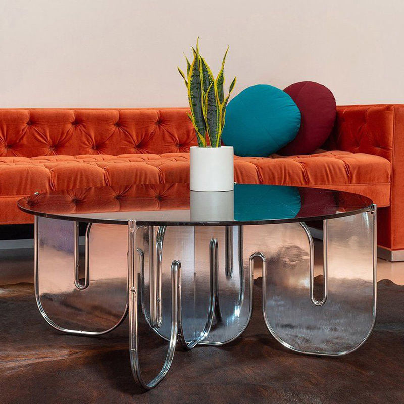 Round Glass Top Coffee Table with Cross Acrylic Base Cocktail Table