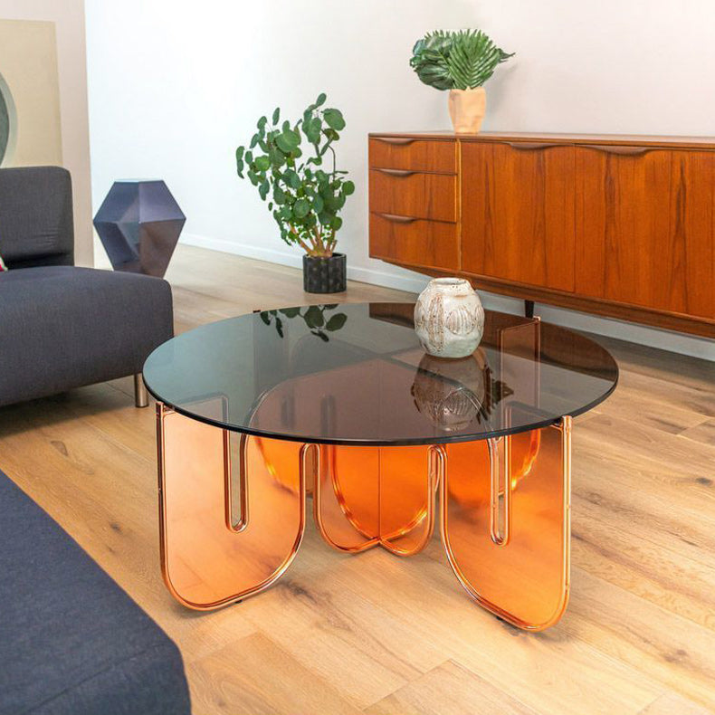 Round Glass Top Coffee Table with Cross Acrylic Base Cocktail Table