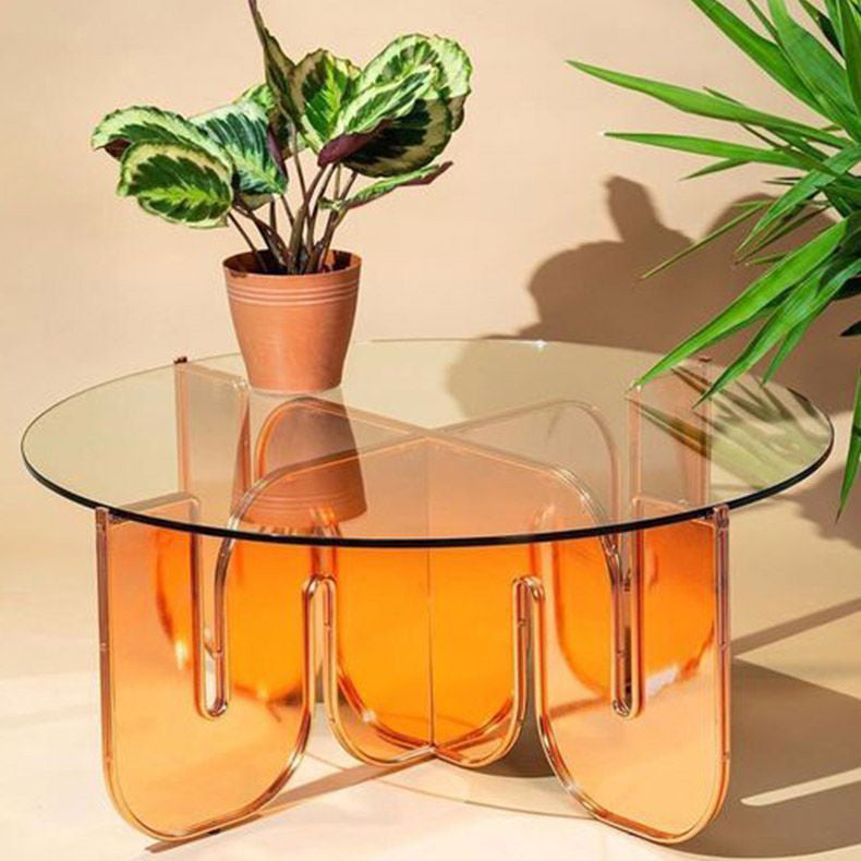 Round Glass Top Coffee Table with Cross Acrylic Base Cocktail Table