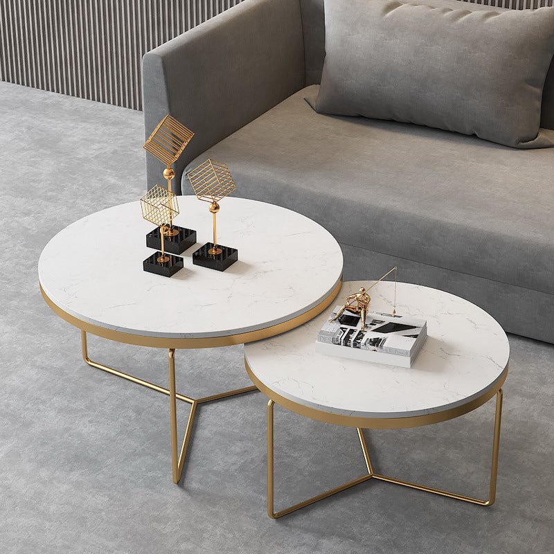 Round Coffee Table Set with Golden Iron X-Base and Marble Top