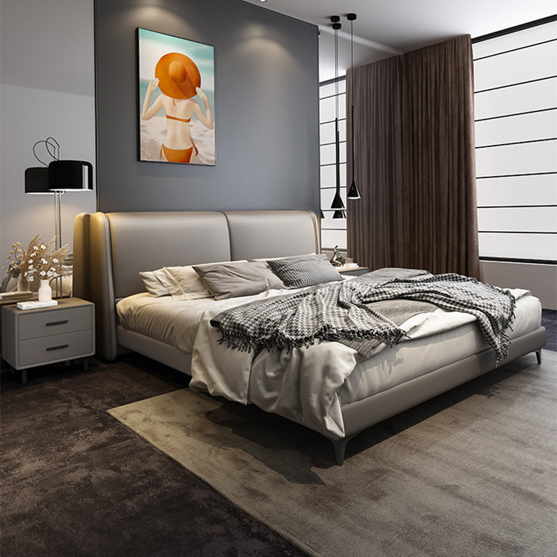 Modern Panel Bed with Upholstered Headboard Grey Solid Wood Bed Frame
