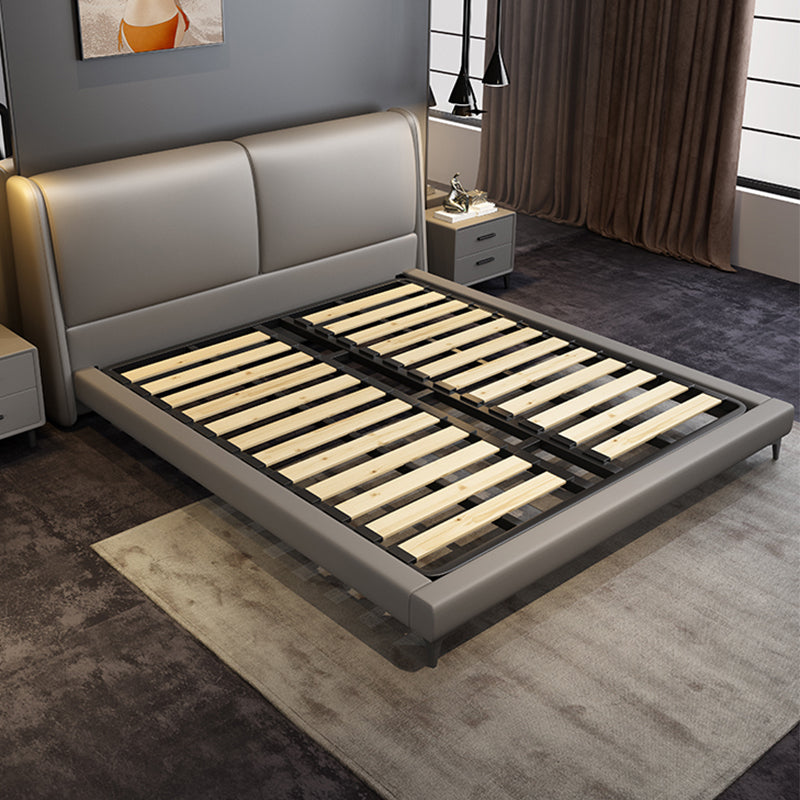 Modern Panel Bed with Upholstered Headboard Grey Solid Wood Bed Frame