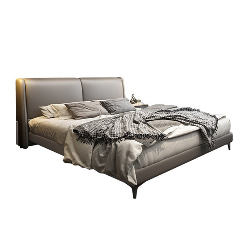 Modern Panel Bed with Upholstered Headboard Grey Solid Wood Bed Frame
