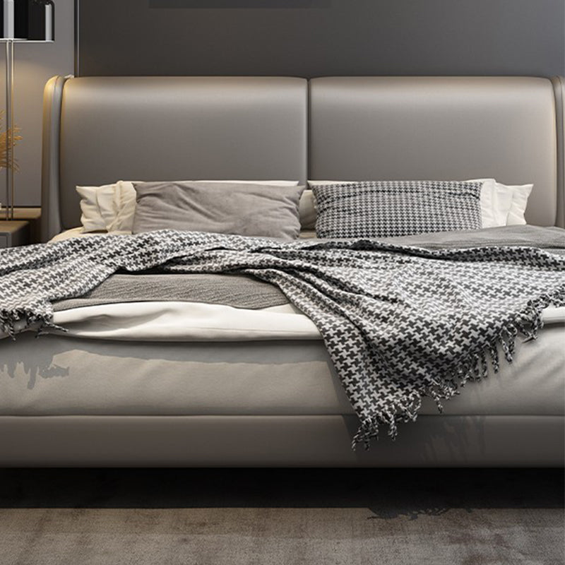 Modern Panel Bed with Upholstered Headboard Grey Solid Wood Bed Frame