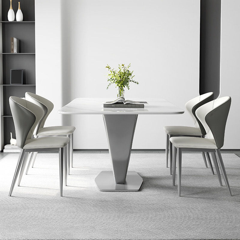 Grey Metal Pedestal Base Table Rectangle Sintered Stone Top Dining Table
