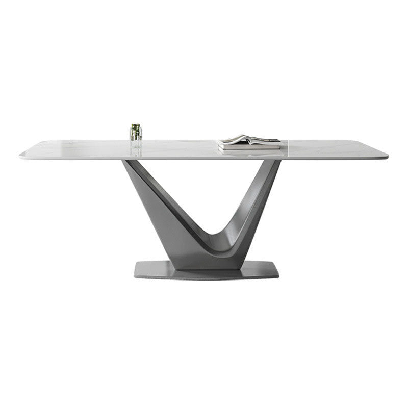 Grey Metal Pedestal Base Table Rectangle Sintered Stone Top Dining Table