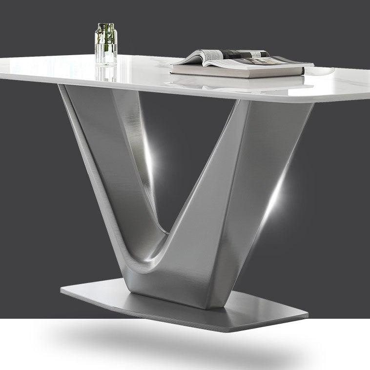 Grey Metal Pedestal Base Table Rectangle Sintered Stone Top Dining Table