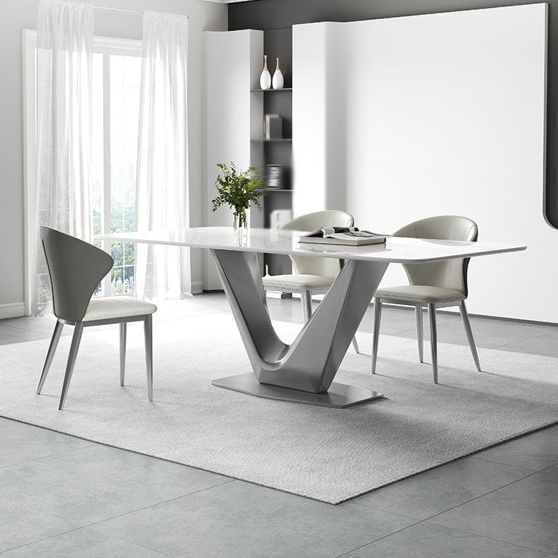 Grey Metal Pedestal Base Table Rectangle Sintered Stone Top Dining Table