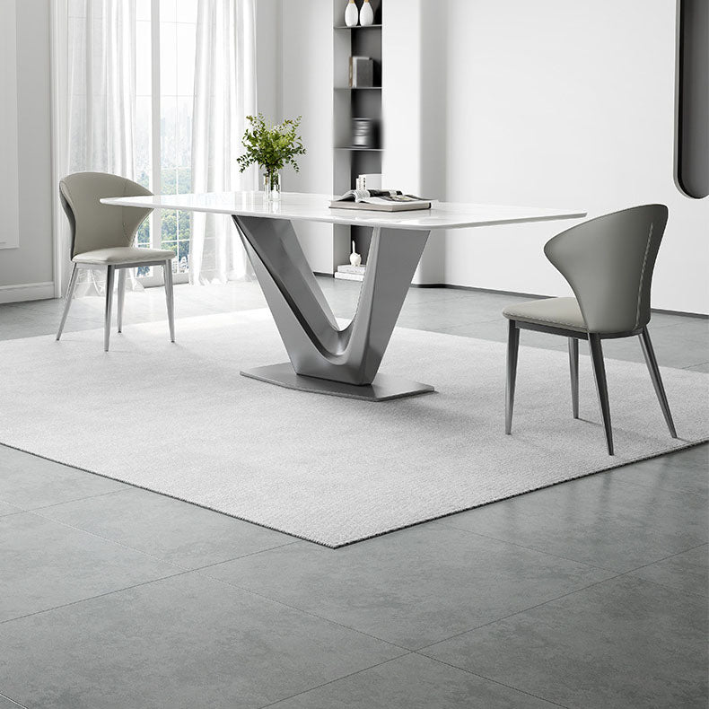 Grey Metal Pedestal Base Table Rectangle Sintered Stone Top Dining Table