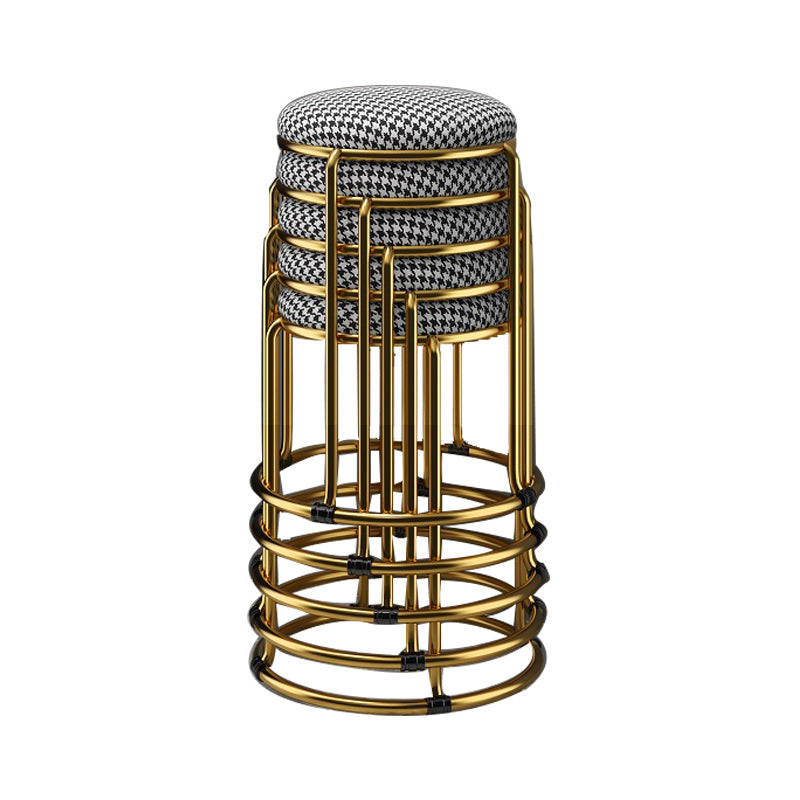 Houndstooth Print Pouf Ottoman Round Linen Stain Resistant Glam Ottoman