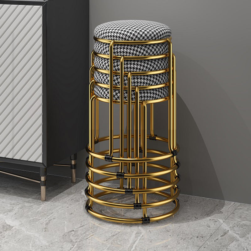 Houndstooth Print Pouf Ottoman Round Linen Stain Resistant Glam Ottoman