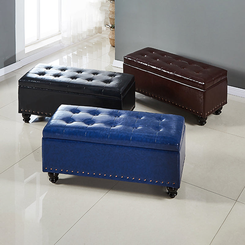 Traditional Faux Leather Ottoman Plian Tufted Nailhead Trim Rectangle Ottoman with Storage