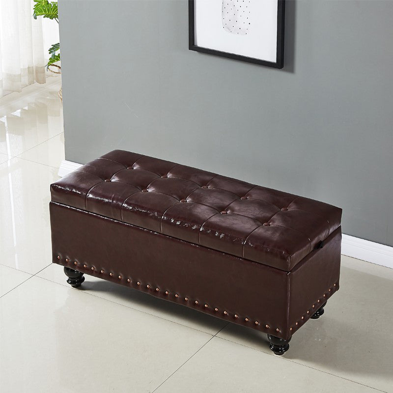 Traditional Faux Leather Ottoman Plian Tufted Nailhead Trim Rectangle Ottoman with Storage