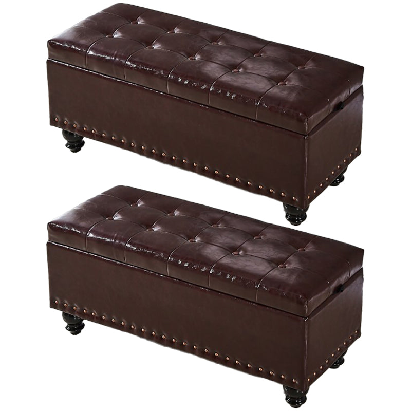 Traditional Faux Leather Ottoman Plian Tufted Nailhead Trim Rectangle Ottoman with Storage