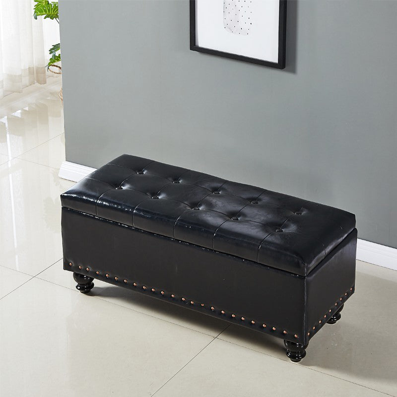 Traditional Faux Leather Ottoman Plian Tufted Nailhead Trim Rectangle Ottoman with Storage