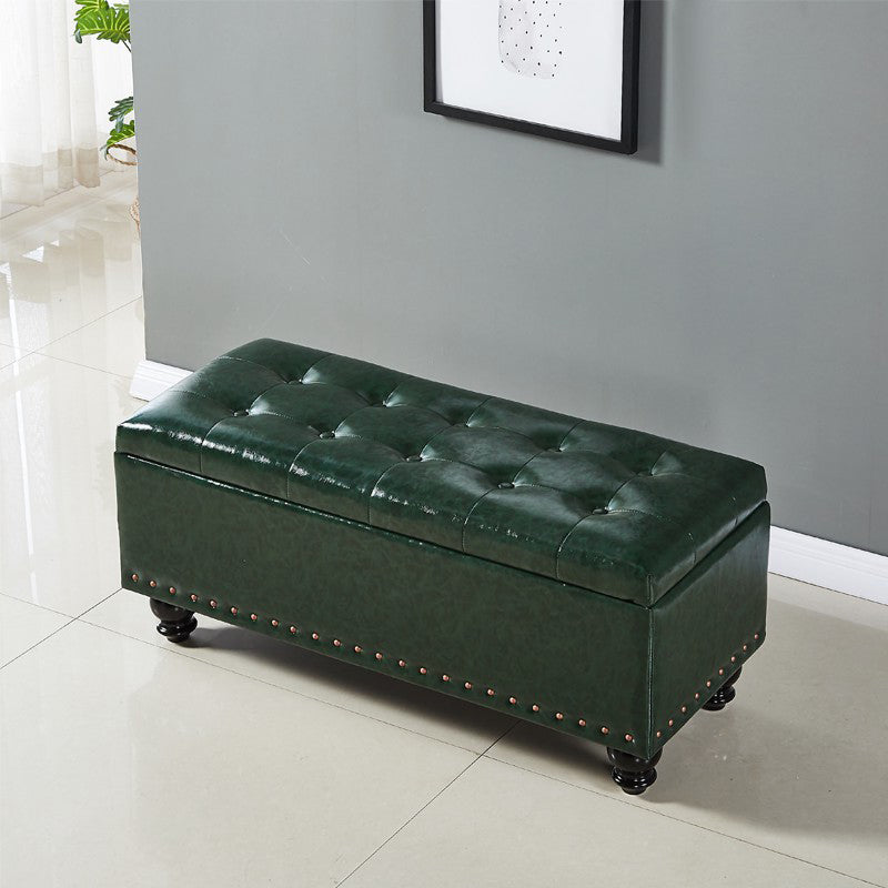Traditional Faux Leather Ottoman Plian Tufted Nailhead Trim Rectangle Ottoman with Storage