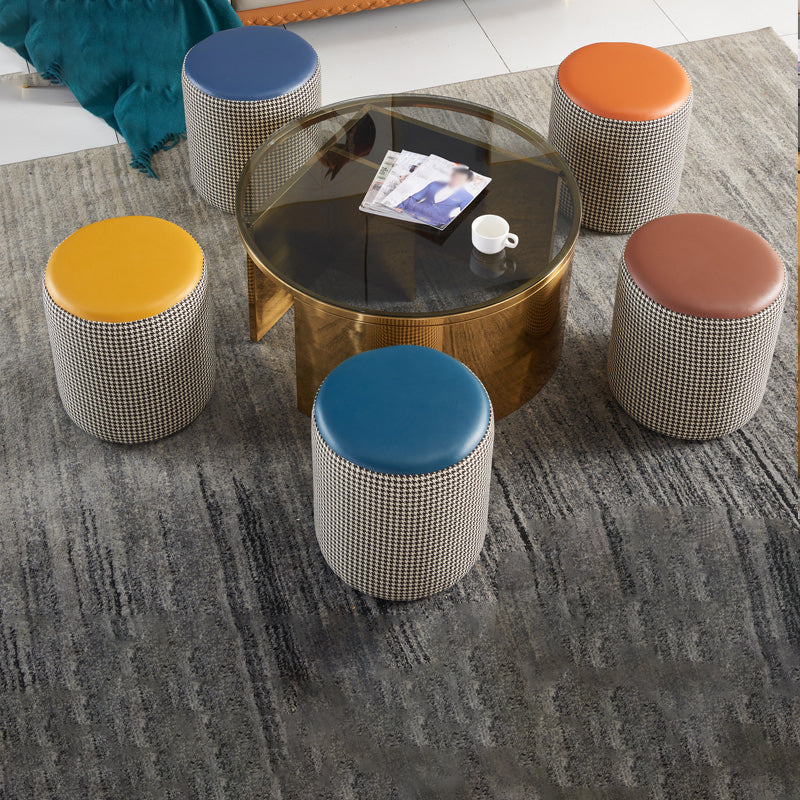 Modern Water Resistant Ottoman Circle Shape Orange Genuine Leather Cube