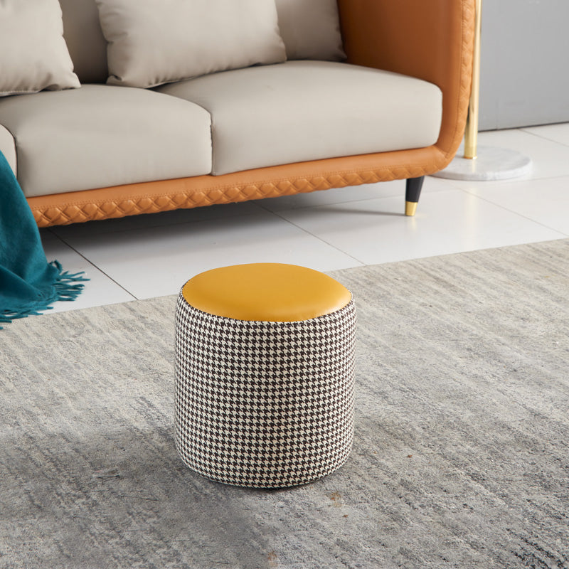 Modern Water Resistant Ottoman Circle Shape Orange Genuine Leather Cube