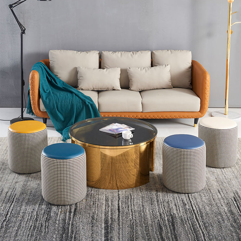 Modern Water Resistant Ottoman Circle Shape Orange Genuine Leather Cube