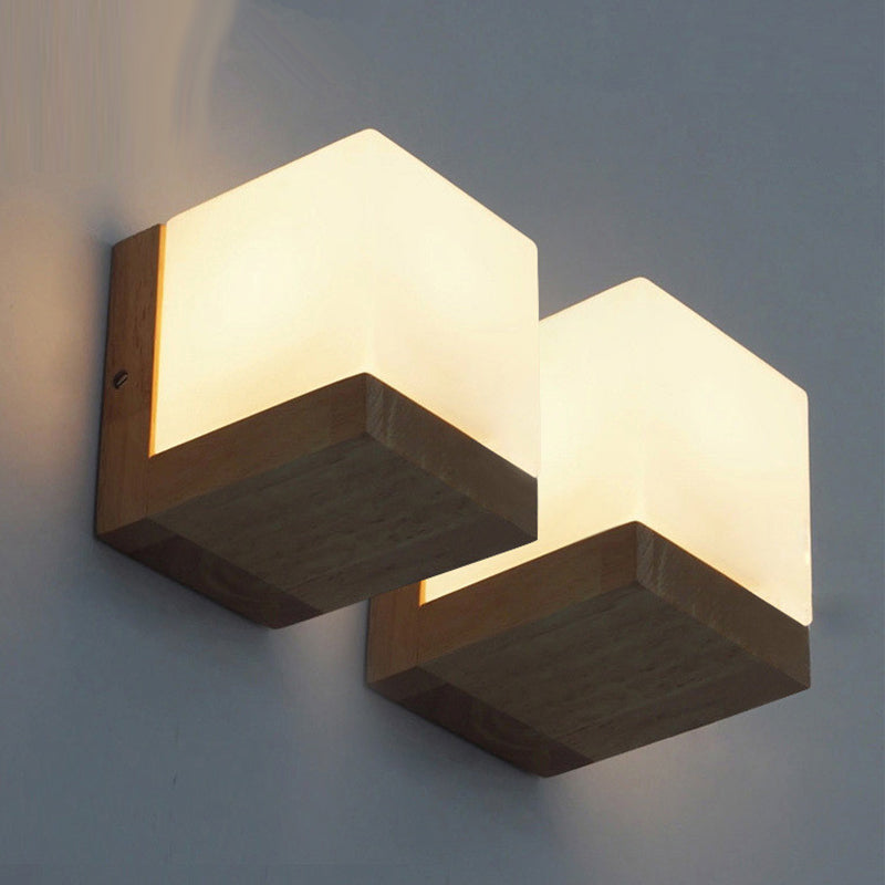 Nordic Wood Wall Light Cube Shape 5.5" Wide Wall Sconce with Glass for Bedroom