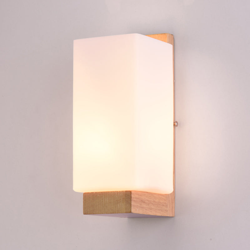 Nordic Wood Wall Light Cuboid 9" Wide Wall Sconce with White Glass for Bedroom