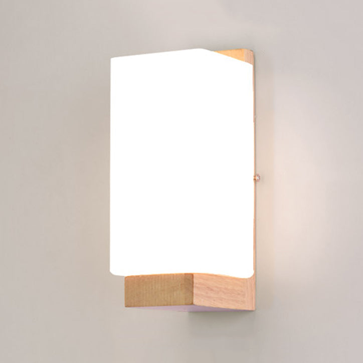 Nordic Wood Wall Light Cuboid 9" Wide Wall Sconce with White Glass for Bedroom