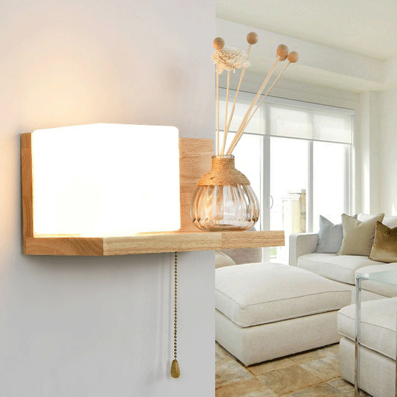 Japanese Wood Wall Light Cube 12" Wide Wall Sconce with Pull Switch for Bedroom