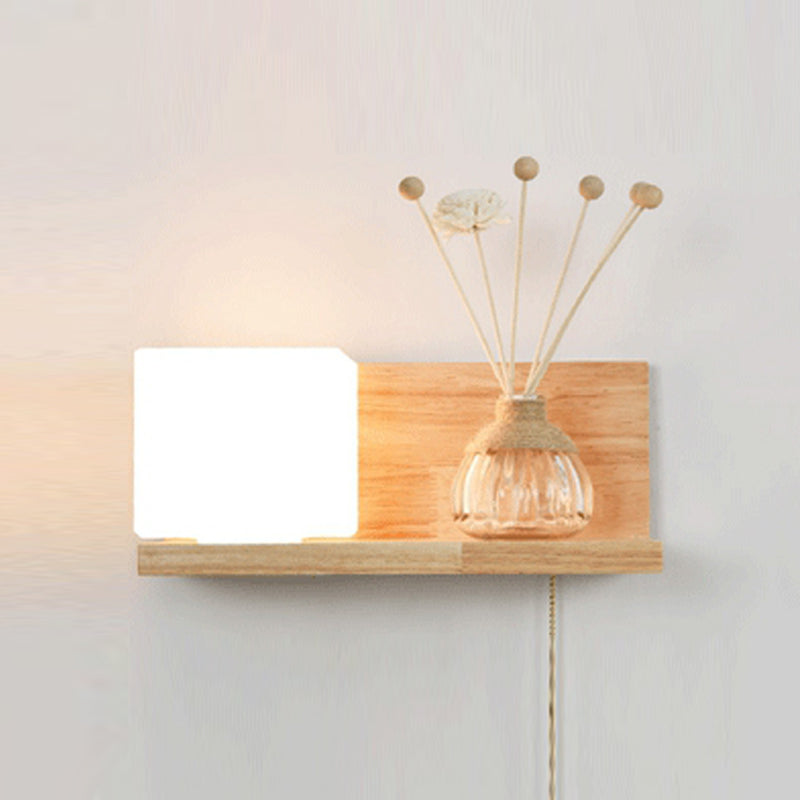 Japanese Wood Wall Light Cube 12" Wide Wall Sconce with Pull Switch for Bedroom