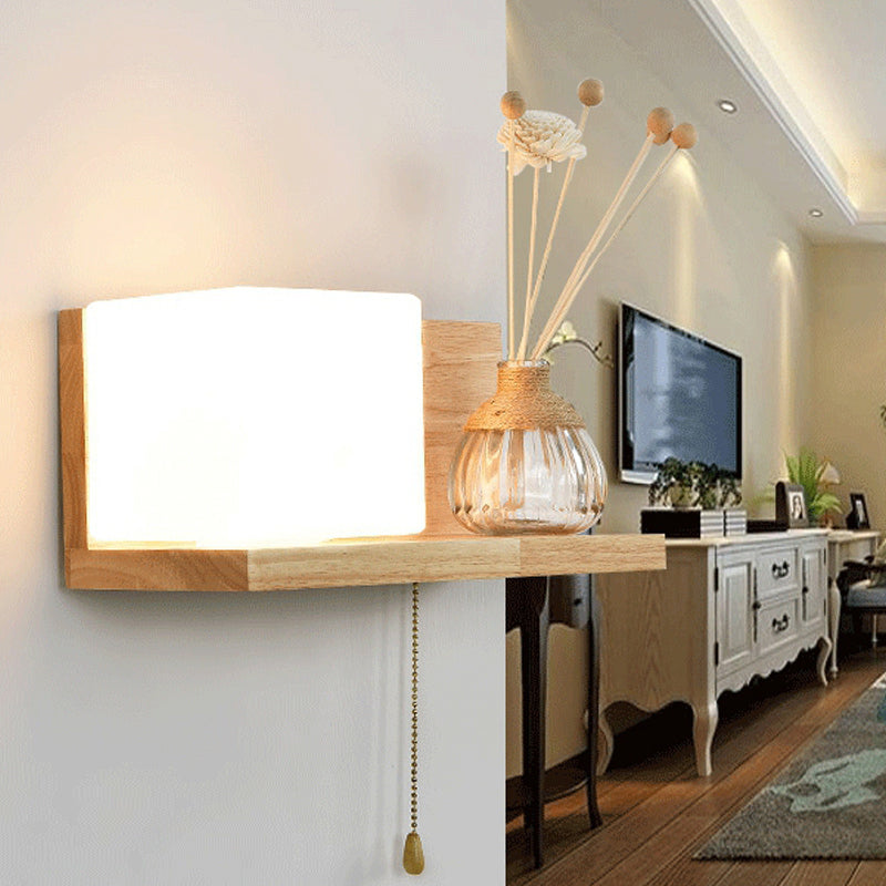 Japanese Wood Wall Light Cube 12" Wide Wall Sconce with Pull Switch for Bedroom