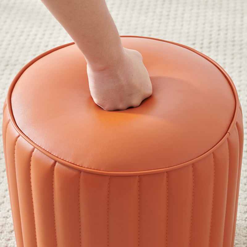 Contemporary Water Resistant Pouf Round Orange Leather Ottoman