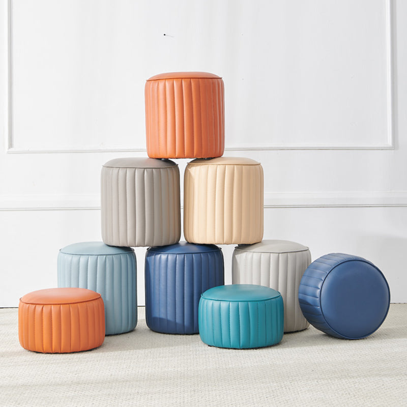 Contemporary Water Resistant Pouf Round Orange Leather Ottoman