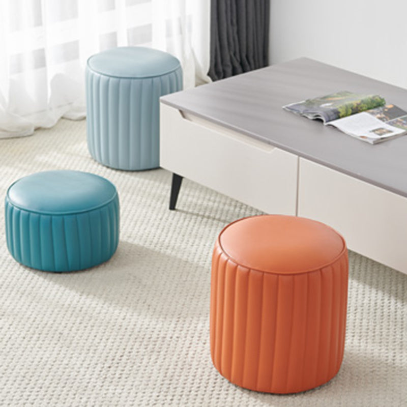 Contemporary Water Resistant Pouf Round Orange Leather Ottoman