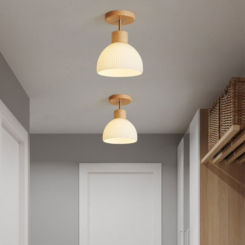Domed Semi Flush Mount Nordic Style Wooden Beige Semi Mount Lighting