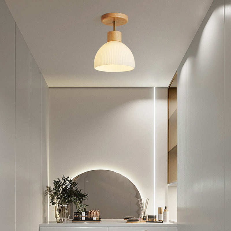 Domed Semi Flush Mount Nordic Style Wooden Beige Semi Mount Lighting