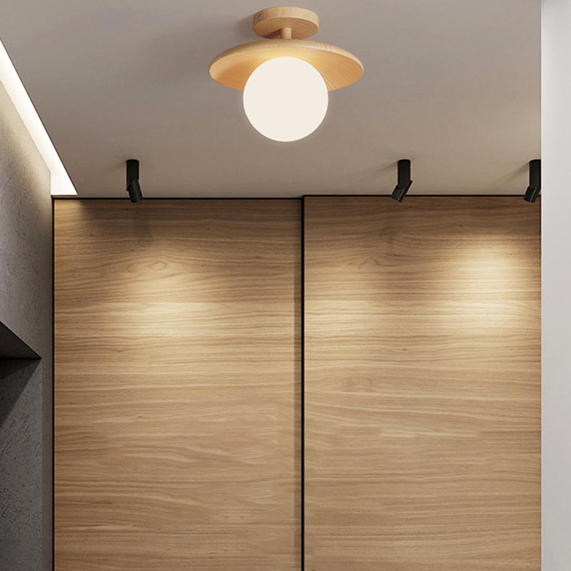 Shaded Semi Flush Mount Lighting Modern Style Wood Beige Ceiling Mounted Fixture