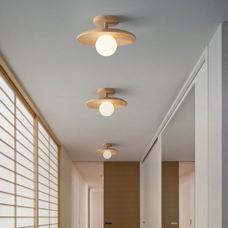 Shaded Semi Flush Mount Lighting Modern Style Wood Beige Ceiling Mounted Fixture