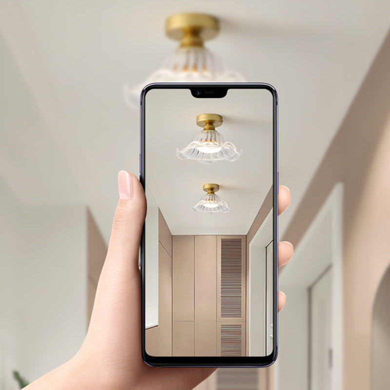 Glass Flower Ceiling Mounted Fixture Simplicity Gold Semi Flush Light