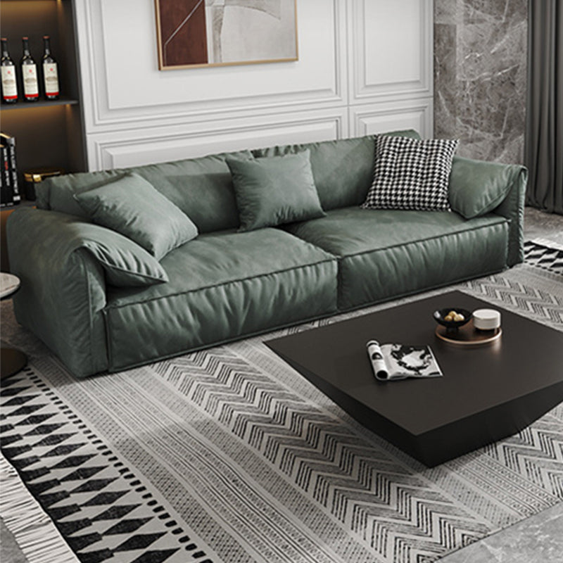 Contemporary Style Faux Leather Sofa Pillow Top Arm Sofa in Green