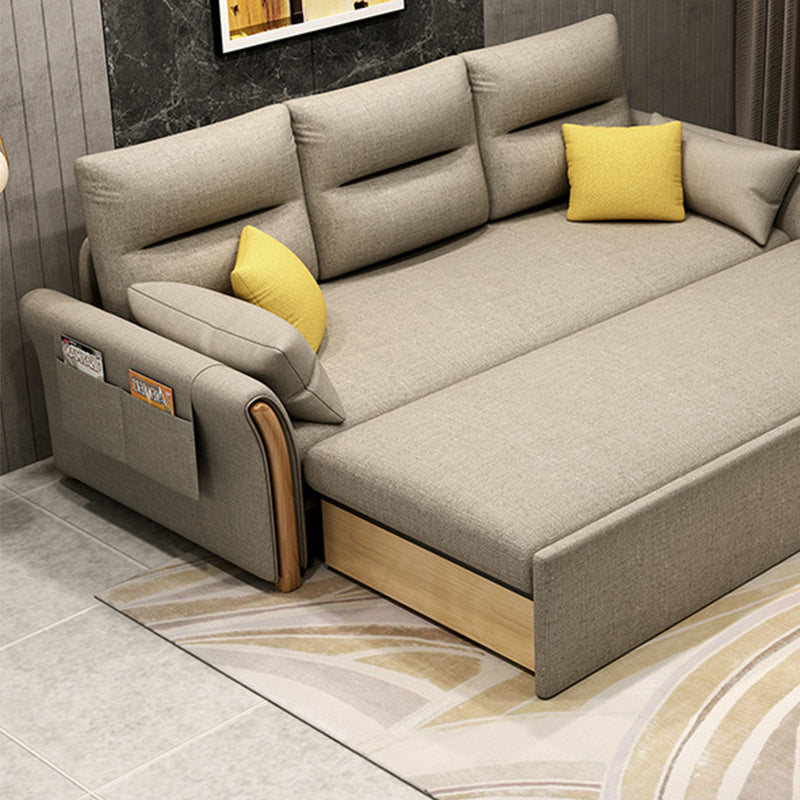 Flared Arm Sofa Bed Gray Linen Sewn Pillow Back Folding Sofa with Storage