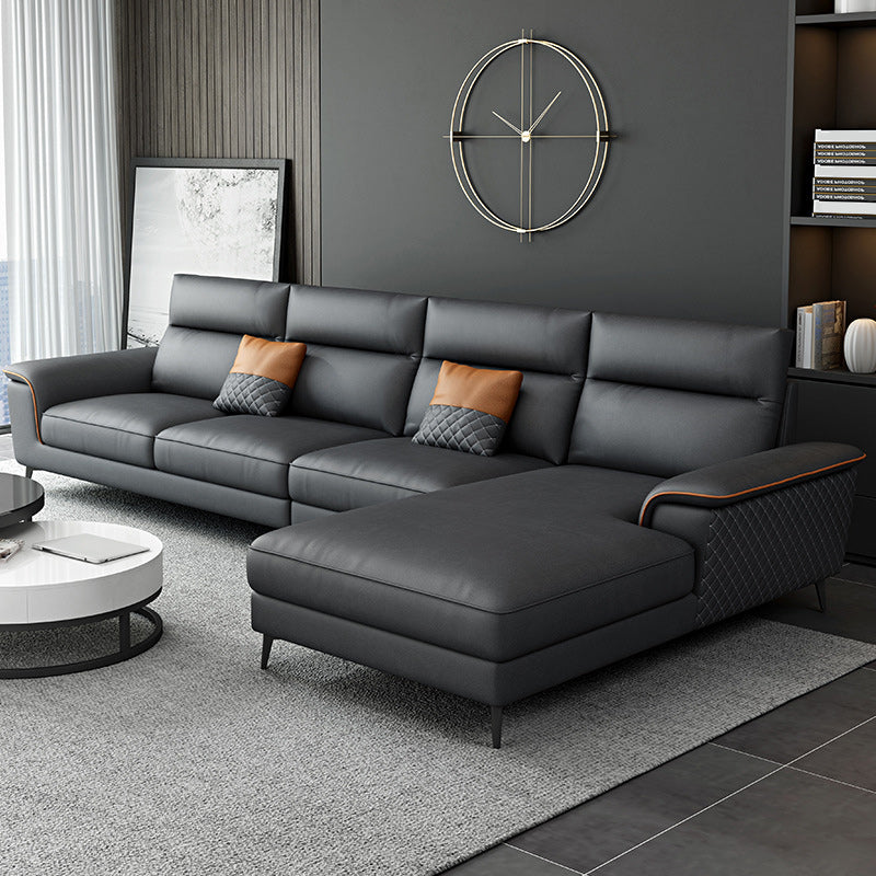Modern Pillow Top Arm Sofa 4-Seater Faux Leather Sofa with Chaise