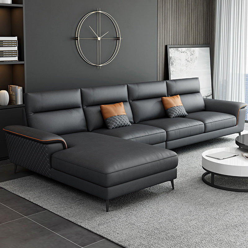 Modern Pillow Top Arm Sofa 4-Seater Faux Leather Sofa with Chaise
