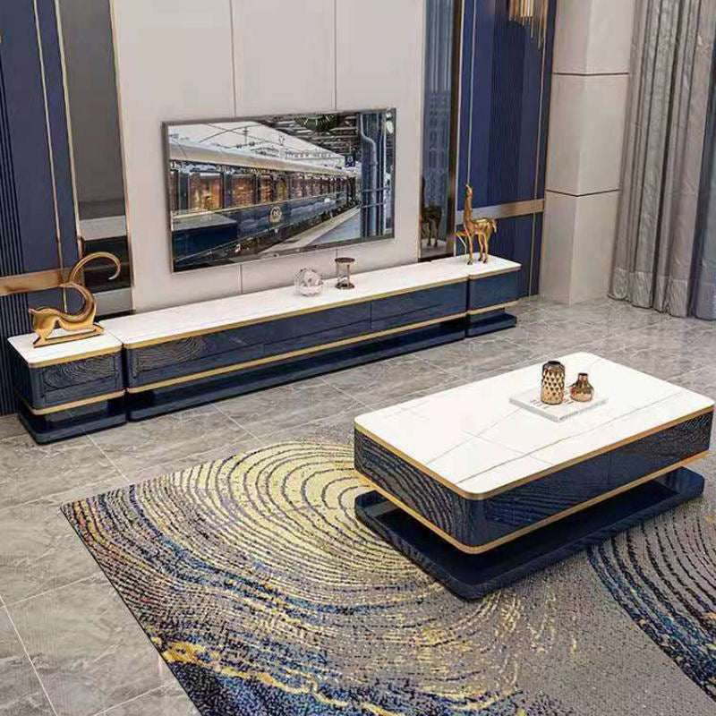 Rectangle Cocktail Table with 4 Solid Wood Drawers and Stone Top