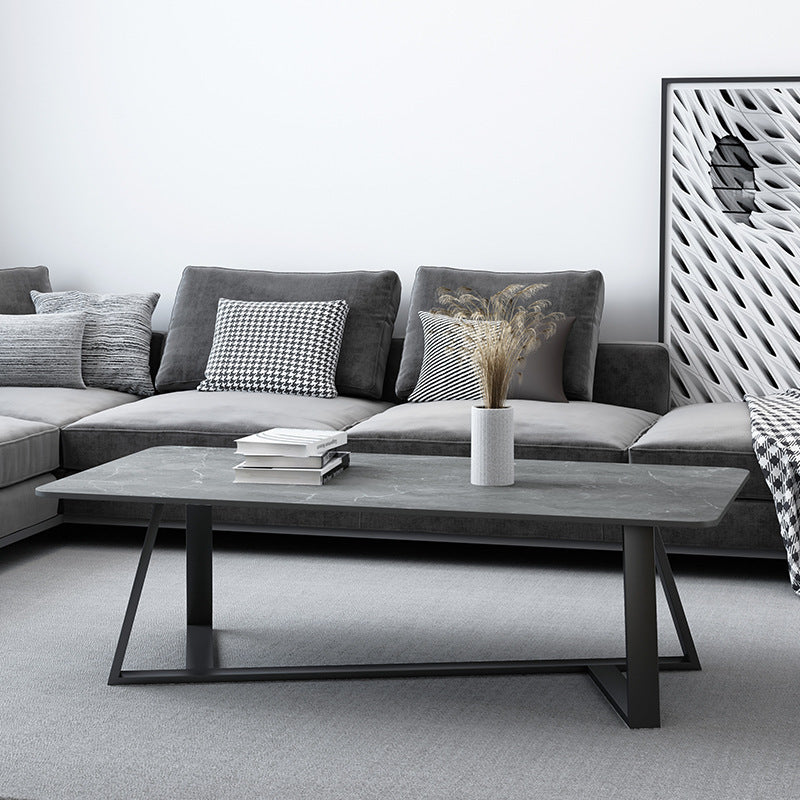 Glam Rectangle Stone Top Coffee Table with Iron Cross Legs Cocktail Table