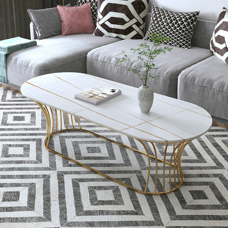 Glam Oval Slate Coffee Table with Iron Frame and Stone Top Cocktail Table